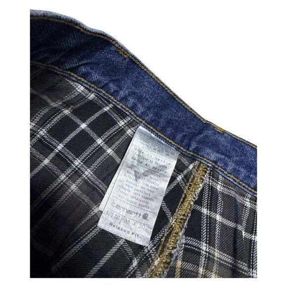 Carhartt Relaxed Fit Flannel Plaid Lined Blue Work Denim Jeans Mens 36x26 - Picture 3 of 8